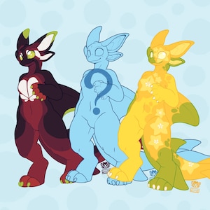 May include: Three cartoon characters, each with a different color scheme and design. The first character is red and black with a white flower on its chest. The second character is light blue with a question mark on its chest. The third character is yellow with a green tail and a floral pattern on its body.