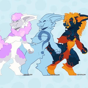 May include: Three cartoon characters in a row, each with a unique color scheme. The first is white, gray, and purple, the second is light blue, and the third is black, orange, and yellow. All three have similar facial features and are smiling.