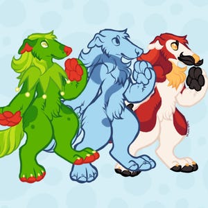 May include: Three cartoon animal characters, a green one with a jester's hat, a blue one with a white chest, and a red one with a white chest and a mustache, are standing side by side with their fists clenched.