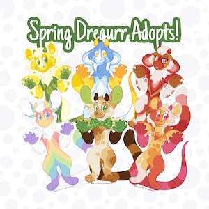Puede incluir: Una ilustración digital de ocho criaturas de dibujos animados coloridas con el texto "Spring Dreagurr Adopts!" en la parte superior. Las criaturas son de diferentes colores y tienen diferentes características, como alas, colas y cuernos.