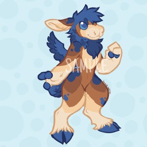 May include: A cartoon illustration of a blue and brown furry creature with wings. The creature has a blue head with a blue mane and blue eyes. The creature is standing on all fours and has a friendly expression.