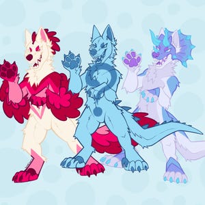May include: Three cartoon animal characters in a fighting pose. The character on the left is a white wolf with pink fur and red eyes. The character in the middle is a blue wolf with a blue tail and a question mark on its chest. The character on the right is a blue and white wolf with a blue horn and a fin on its back.
