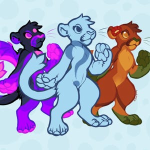May include: Illustration of three cartoon lion cubs in a row, each with a unique color scheme. The first is black with purple accents and wings, the second is light blue, and the third is brown with green paws and a flower.
