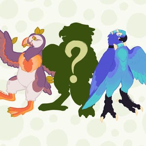 May include: A digital illustration featuring three bird-like figures. On the left, a purple and orange puffin-inspired character. In the center, a dark green silhouette with a large question mark. On the right, a blue macaw-inspired character.