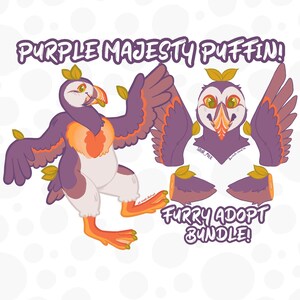 May include: A digital character design sheet titled PURPLE MAJESTY PUFFIN! FURRY ADOPT BUNDLE! featuring a stylized purple and orange puffin creature with yellow leaf accents, shown in a full-body pose and a separate headshot with wing details.