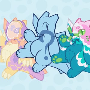May include: Illustration of three cartoon creatures in various colors. The creatures have animal-like features, with large paws and ears. The background is a light blue with white polka dots. The creatures are in shades of blue, pink, yellow, and purple.