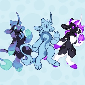May include: Three cartoon-style creatures with horns and hooves are depicted against a light blue background with white circles. The creatures are in shades of blue, purple, black, and white, with stylized features and expressions.