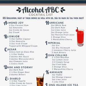 Alcohol ABC Cocktail List of Drink Recipes, Printable Bar Menu, Digital Drink Sign, Instant Download PDF