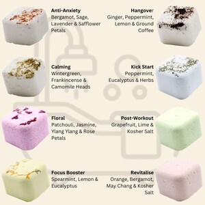 Scents Page:
This shows a picture of each of our shower steamers with their display names and their scents. For a full list of scents please refer to the listing description. Each set and their included scents are specified.