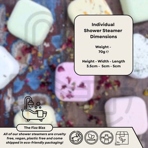 This is the dimensions page listing the size and weight of our shower steamers. They are large steamers, weighing 70g each, with a H x W x L of 3.5 x 5 x 5 cm. Also our steamers are cruelty free, vegan, plastic free and ship in eco friendly packaging