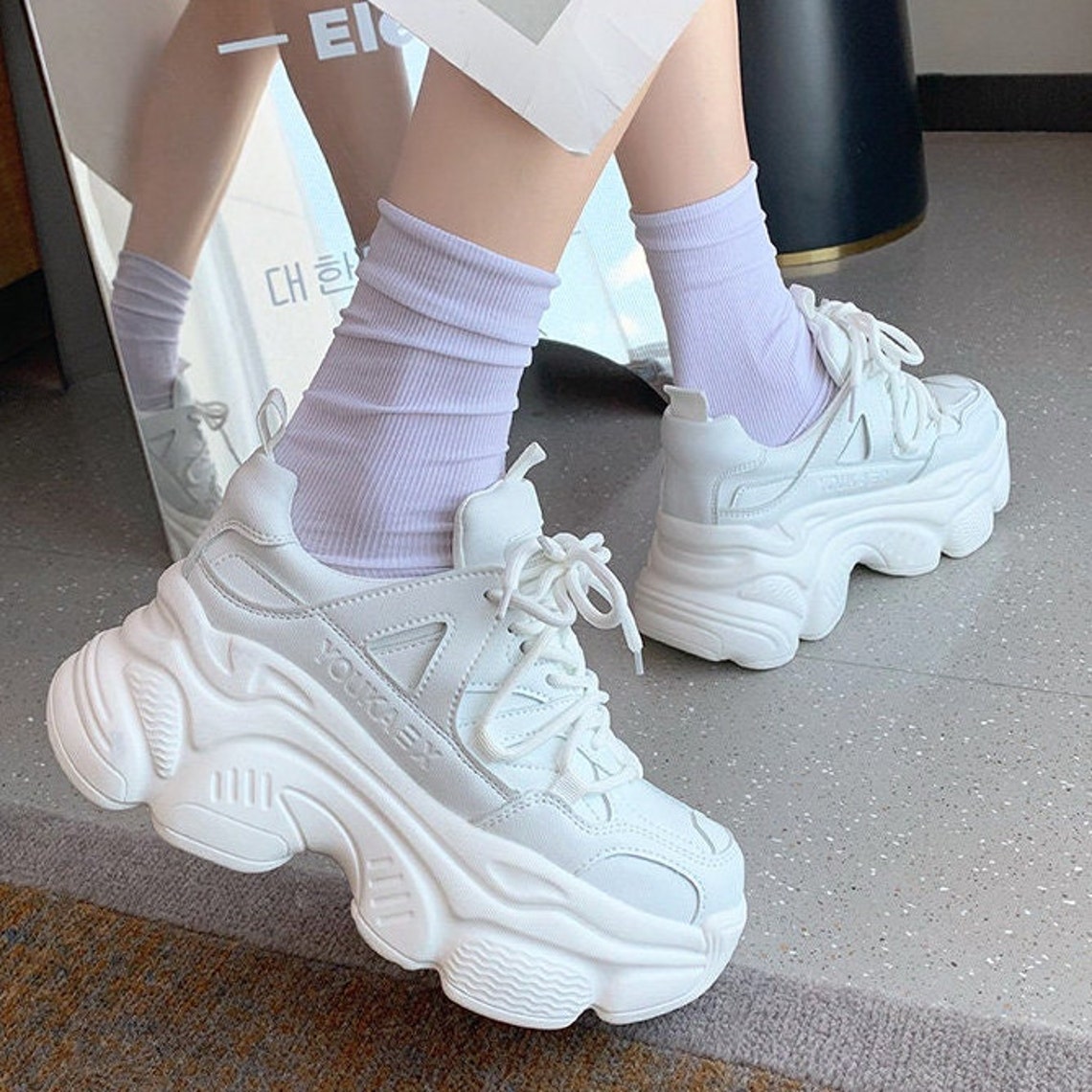 Women's Chunky Platform Sneakers in White Grunge Y2K Etsy