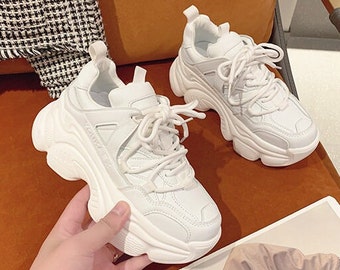 Women's Chunky Platform Sneakers in White Grunge Y2K Aesthetic