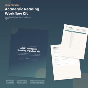 Op de afbeelding: Een ADHD-vriendelijke academische leesworkflow-kit met een donkerblauwe omslagpagina met witte tekst ADHD Academic Reading Workflow Kit, naast twee witte printbare pagina's met de labels Connection Log en Capture Cards met lijnen.