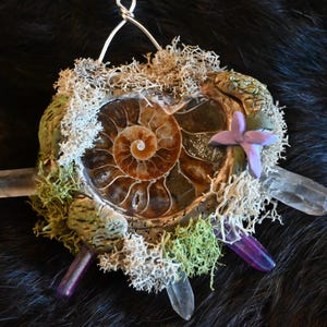 Ammonite pendant, toggle chain, ammonite and crystals, hand crafted jewelry, necklace