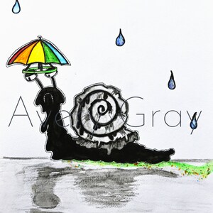 May include: A black snail with a rainbow umbrella is walking in the rain. The snail has a gray shell with a spiral pattern. The background is white with blue raindrops.