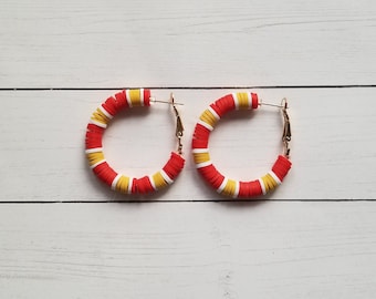 Red and Yellow Hoop Earrings, Heishi Bead Earrings, School Spirit Earrings, Red and Gold Earrings, KC Football Earrings