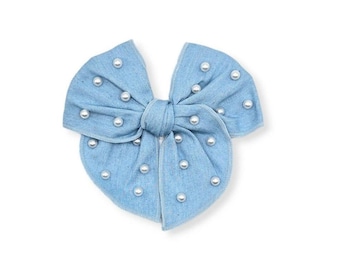 Light Blue Denim Bow with Pearls, Denim Hair Bow with Pearls, Pearl Studded Hair Bow, Denim and Pearls Hair Bow