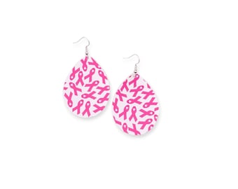 May include: A pair of teardrop-shaped earrings with a white background and a pattern of pink awareness ribbons. The earrings have silver-colored hooks.
