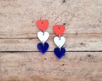 Patriotic Heart Earrings, Red White and Blue Earrings, 4th of July Earrings, Memorial Day Earrings