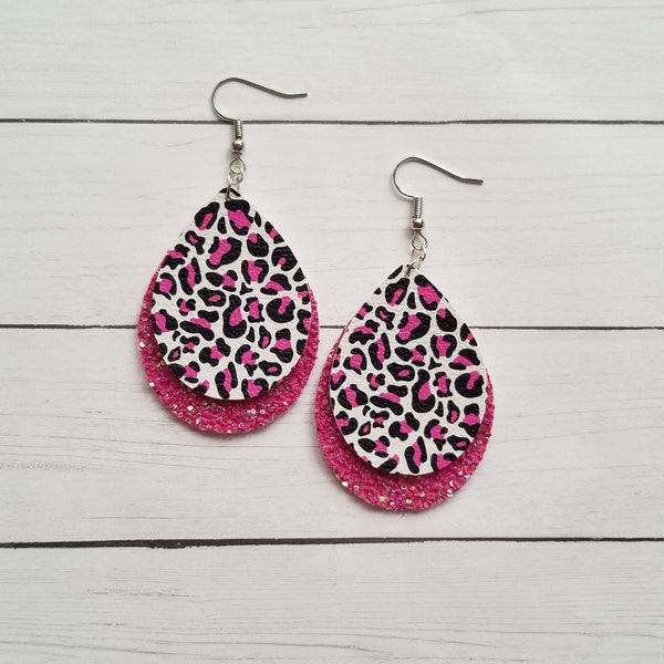 Hot Pink Leopard Print Faux Leather Dangle Earrings, Valentine's Day Earrings, Love Day Earrings