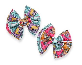 Kitties Pigtail Bows, Hero Kitties Piggies, Kitties Birthday Party, Super Hero Hair Bows, Kitty Piggies