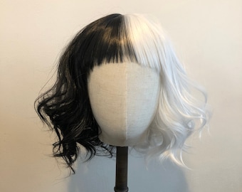 Cruella Deville Wig, Black and White  Fringed Synthetic Hair