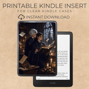 May include: Printable Kindle insert for clear Kindle cases. The image shows a black Kindle device with a decorative insert featuring a couple reading in a library setting. The insert has a gothic theme with floating papers and candles. Text on the image reads "Instant Download".
