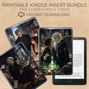 May include: Printable Kindle insert bundle for clear Kindle cases. The image shows three inserts with fantasy art, featuring characters in a library setting. The text "INSTANT DOWNLOAD" is visible. A Kindle e-reader is also present, displaying text.