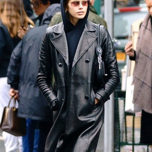 Handmade Womens lambskin Leather Coat, Black leather coat, Double breasted coat, Women&#39;s winter coats, long coat, Long coat womens, Catsuits
