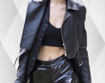 Handmade Lambskin Leather Biker Jacket, Soft Lightweight Moto Jacket, Custom Fit Women's Mini Coat