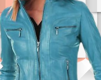 Custom Turquoise Sheepskin Leather Biker Jacket, Women's Motorcycle Coat, women's jacket, leather jacket, jackets, jacket, Made-to-Order