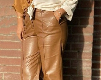 Handmade womens lambskin Leather pant, Tan color Pant, Stylish woman pant, Women's trouser, Celebrity pants, Hot pant women, Evening pant