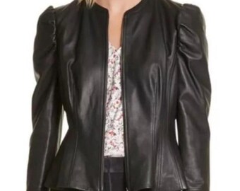 Women's Lambskin Leather Biker Jacket, Puffed Sleeves, Party Wear womens jacket, Genuine Leather Coat, leather jacket Womens, leather dress,