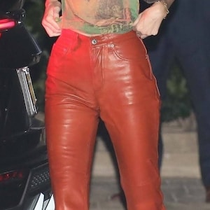 Handmade women's lambskin leather pant, Red leather pant, Womens leather leggings, Hot pants, Biker pant, Long  pants, Measure to made pant