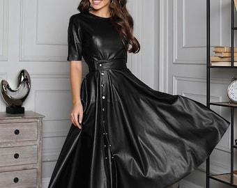 black leather flared dress Long Flare Vegan Leather Dress