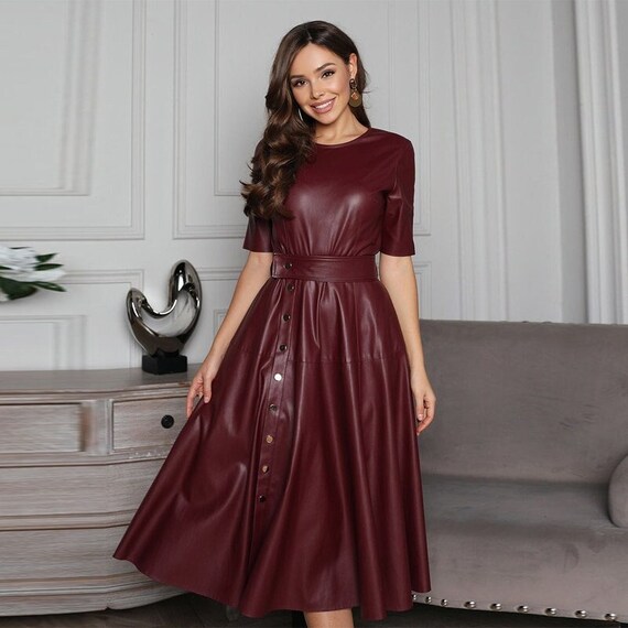 green emerald velvet dress Faux Leather Puff Sleeve Sleeve Flare Dress Mauve / Small main image 0