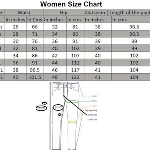 May include: A women's size chart with measurements in inches and centimeters for waist, hip, and outseam. The chart includes sizes from 2XS to 3XL.