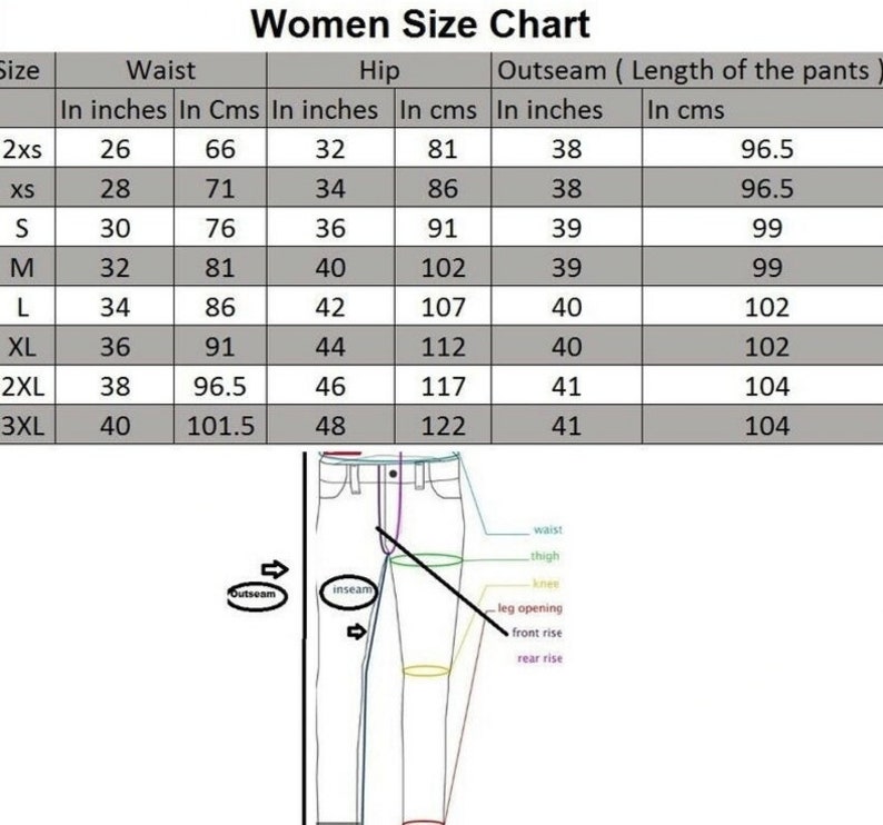 May include: A women's size chart with measurements in inches and centimeters for waist, hip, and outseam. The chart includes sizes from 2XS to 3XL.