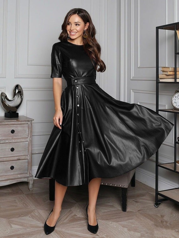leather flare dress Handmade Women's Lambskin dress, Black Gown party wear cocktail dress, vintage outfits, Women's dress, Women's Leather Ebay