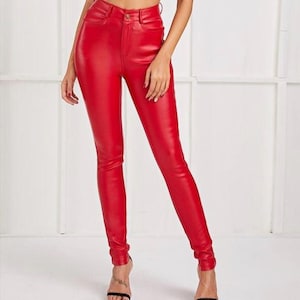 Handmade Women&#39;s Lambskin Leather Pant, Red leather Pant, Women&#39;s Hot pant, Tight Pant, Long Studded Pant, womens new pant, High waist pant,