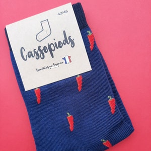 Chaussettes fantaisie Cassepieds bleues foncées Piment d'Espelette Pays Basque taille 36/41 S ou 42/46 M Made in France image 2