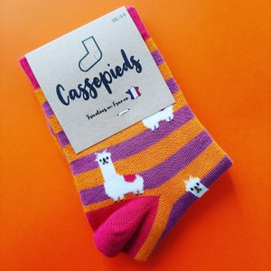 Cassepieds Peruaanse Alpaca Fancy Sokken met Oranje en Paarse Strepen Maat 36/41 (S) - Gemaakt in Frankrijk
