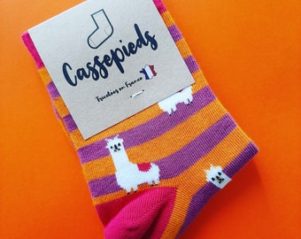 Cassepieds Peruaanse Alpaca fancy sokken met oranje en paarse strepen maat 36/41 (S) - gemaakt in Frankrijk