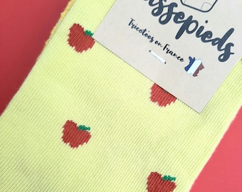 Chaussettes fantaisie Cassepieds Pomme jaunes et rouges déssinées au Pays Basque et tricotées en France - taille 36/41 (S)