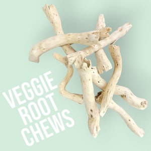 May include: A close-up of a pile of light brown, dried veggie root chews. The chews are long and thin, with a rough, textured surface. The text "VEGGIE ROOT CHEWS" is written in white letters on a light green background.