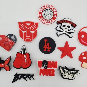 red shoe charms, croc compatible charms, pvc shoe charms, plastic charms for crocs, lit shoe charms, black shoe charms, butterfly shoe charm
