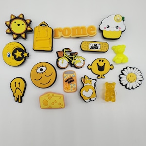 New popular yellow smiley face shoe charms for your crocs, Croc compatible shoe charms, trending charms for crocs
