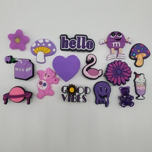 purple shoe charms for your crocs, Croc compatible shoe charms, evil eye shoe charms for Crocs, purple smiley face charm, purple flower