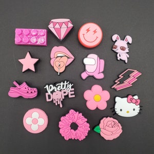 New trending Pink and white croc compatible, clog charms, good vibes only, shoe decoration, bad bunny shoe charms, kitty shoe charms, Flower