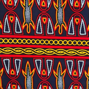May include: A fabric featuring a repeating pattern on a dark blue background. The design includes stylised lizard figures with white dotted bodies, yellow outlines, and red accents, interspersed with white chain-link shapes and yellow rope motifs.